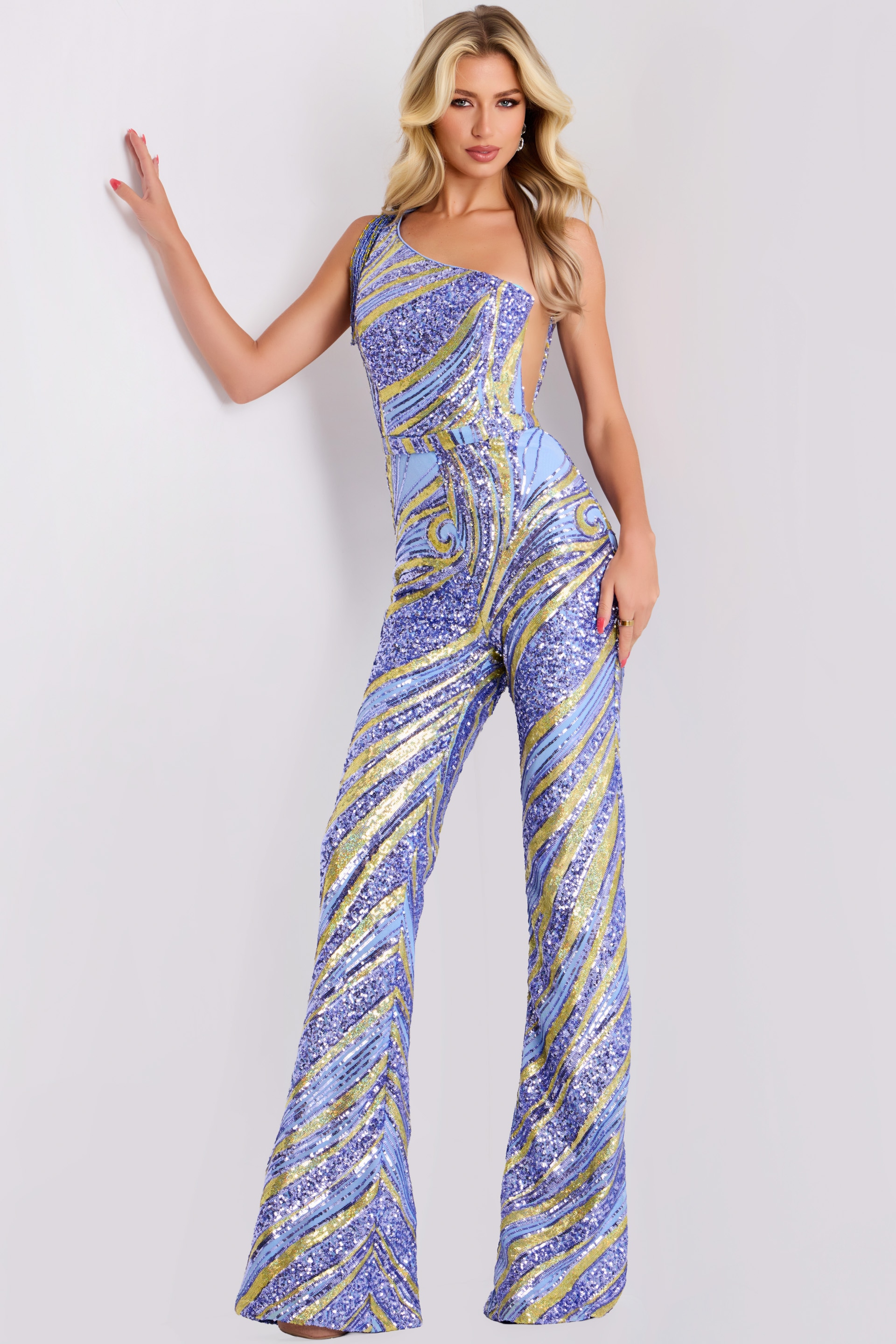 36846-2 one shoulder lilac jumpsuit 36846