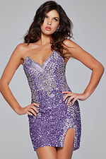 Model showcasing Jovani 36852 lilac cocktail dress with sweetheart neckline and side slit.