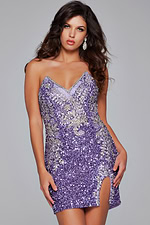 Model wearing Jovani 36852 lilac cocktail dress with a sweetheart neckline and sequined embellishments.