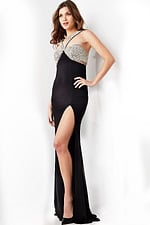 Model wearing Jovani 36857 black gown, detailed view with embellishments.