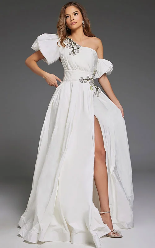 model wearing Jovani 36872 white gown back view with puffy sleeve detail