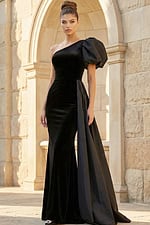 one shoulder capsleeve black velvet dress 36878