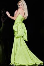 Back view of Jovani 36928 lime green dress with sweeping train.