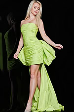 Model wearing Jovani 36928 lime dress, showcasing the front with elegant design.