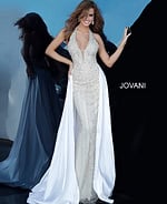 Model showcasing Jovani 3698 gown with dramatic V-neckline.