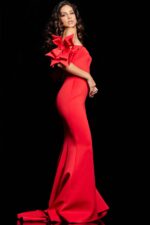 Stylish Jovani 36997 red mermaid dress with off-the-shoulder neckline and elegant design.
