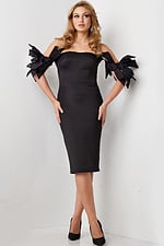 Model wearing Jovani 36998 elegant black midi dress with off-the-shoulder neckline and bow-adorned sleeves.