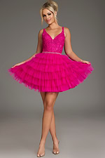model wearing Jovani 37002 fuchsia dress, front view with V-neckline and tulle skirt