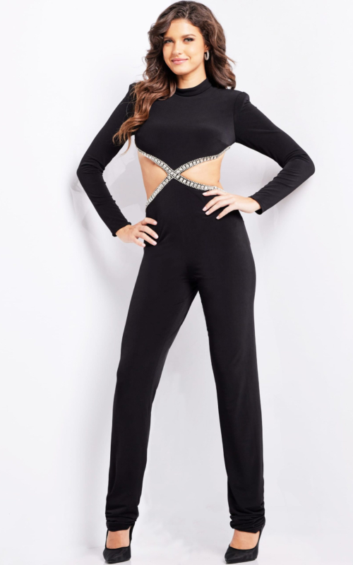 Model wearing Jovani 37038 black jumpsuit with long sleeves and cutout detailing.