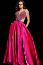 Front of Jovani 37045 fuchsia dress showcasing high slit