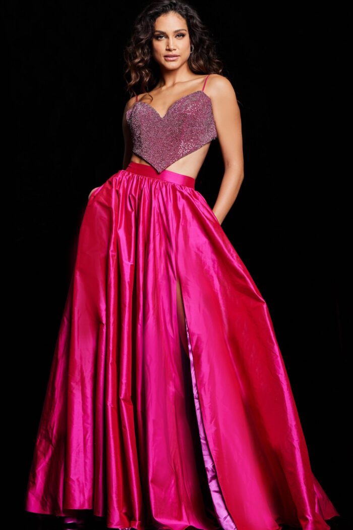 Front of Jovani 37045 fuchsia dress showcasing high slit