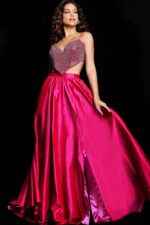 Full front view of Jovani 37045 fuchsia gown with embellishments