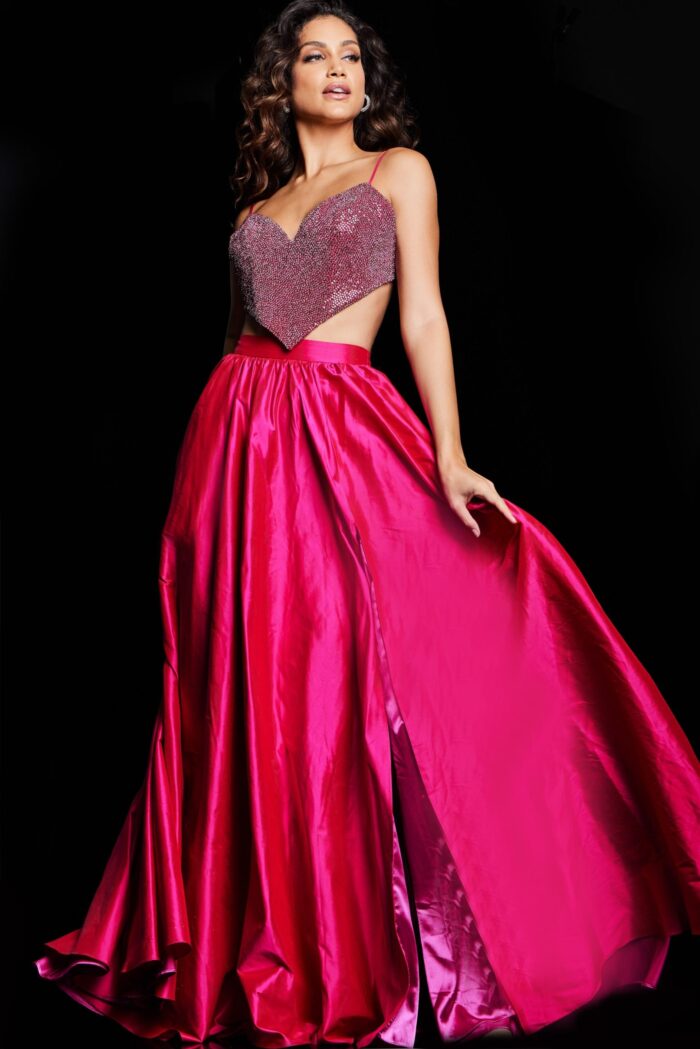 Full front view of Jovani 37045 fuchsia gown with embellishments