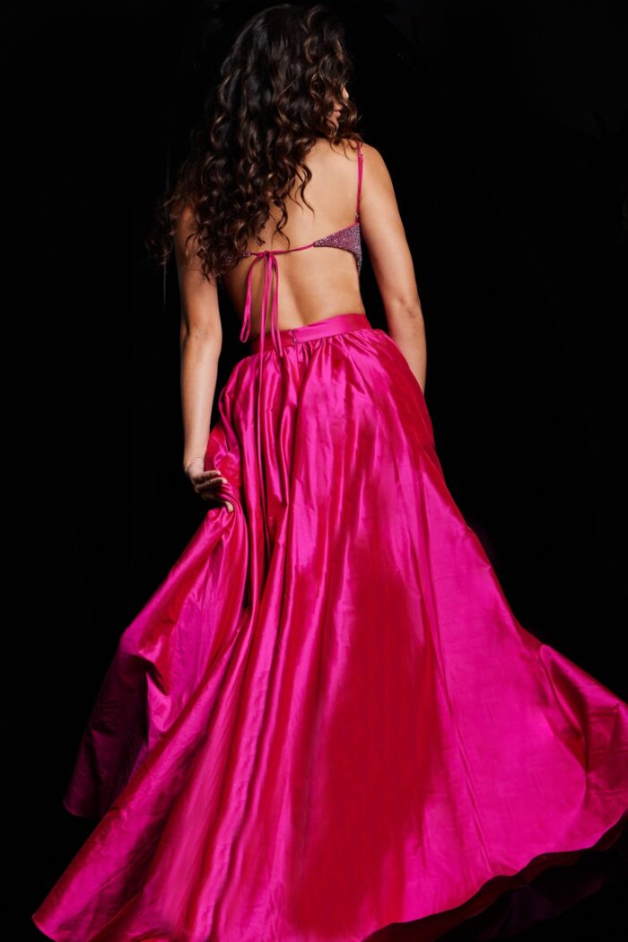 Back view of Jovani 37045 fuchsia dress with open back tie