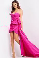 Model in Jovani 07807 fuchsia dress, displaying front details with sweetheart neckline.