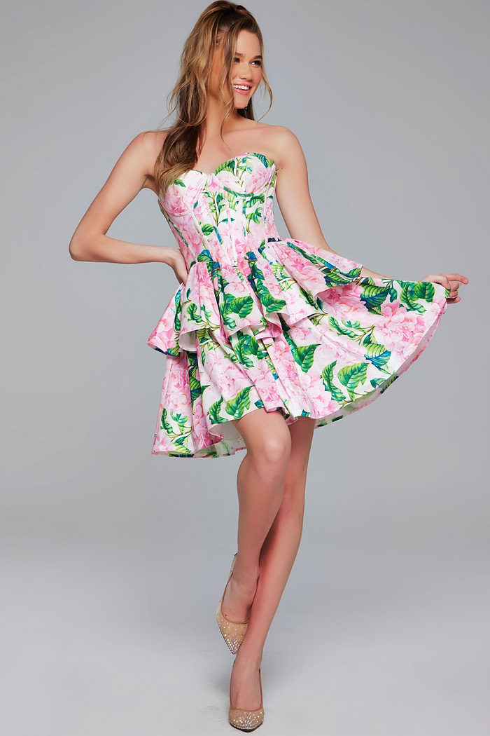 short a-line jovani floral-print v-neck party dress Floral Fit and Flare Short Dress JVN37057
