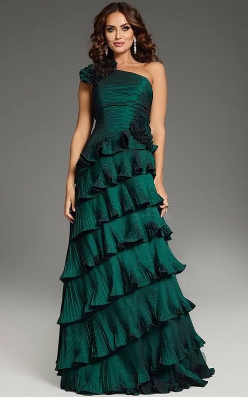 Model wearing Jovani 37065 elegant green tiered gown with one-shoulder neckline.