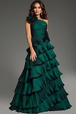 Model displaying Jovani 37065 full-length green gown with floral accents and one-shoulder neckline.