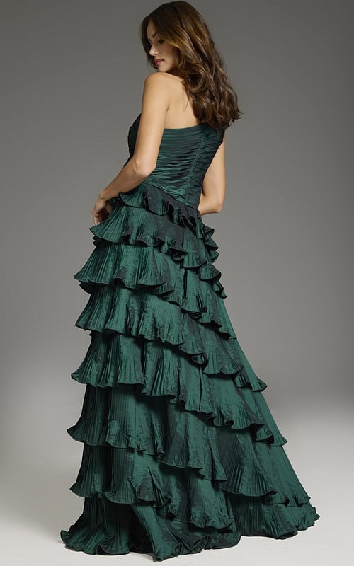 Back view of Jovani 37065 green gown, showcasing elegant tiered layers.