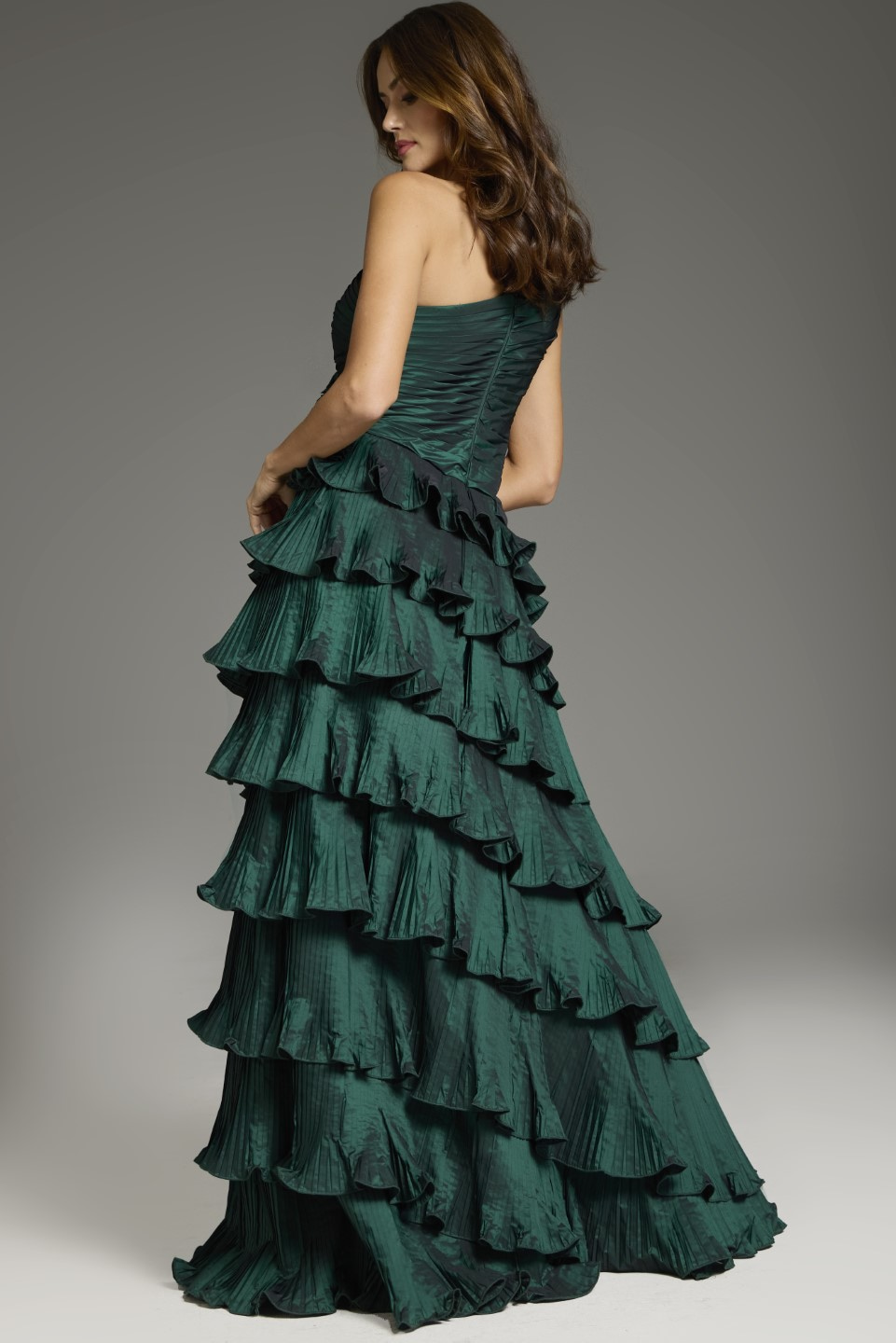 One-Shoulder Ruffled Gown with Floral Appliques 37065 | Jovani