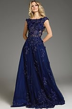 model in full length Jovani 37070 navy gown with floral details