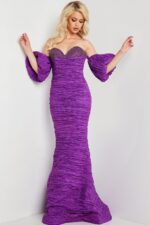 Model in Jovani 37072 full-length purple gown, front view with off-shoulder neckline and puff sleeves.