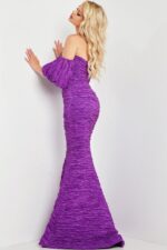 Model showcasing the side view of Jovani 37072 purple gown with off-shoulder puff sleeves and mermaid silhouette.