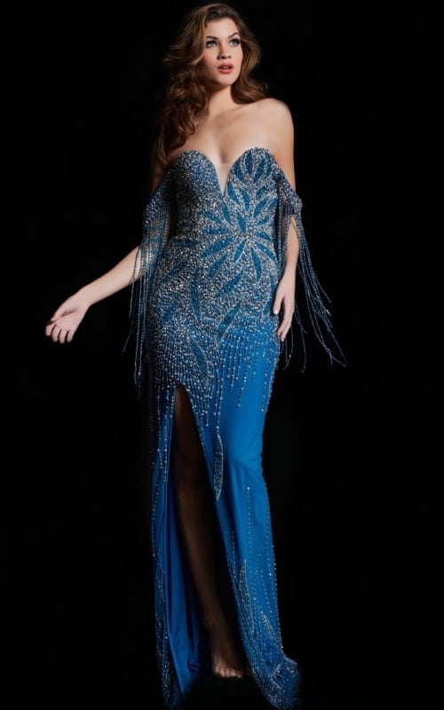 Model wearing Jovani 37073 blue dress featuring beaded fabric and a high slit