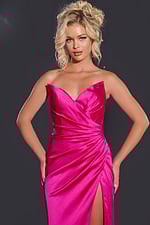 Close-up of model in Jovani 37079 fuchsia gown highlighting sweetheart neckline.