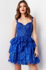 front view of Jovani 37080 royal blue dress with lace and ruffles