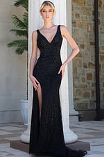 black beaded black gown with plunging neckline and slit - front full body, blonde updo leaning pillar hands