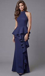 blue peplum halter neck dress