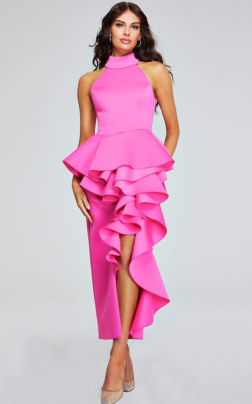model wearing Jovani 37090 vibrant pink dress with asymmetric ruffles, front view