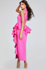 model wearing Jovani 37090 back view of pink dress with asymmetric ruffles