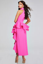 model wearing Jovani 37090 pink dress showing back and ruffled design