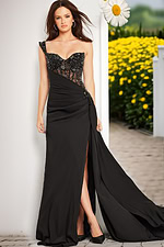 Model showcasing Jovani 37094 black gown, front view