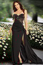 Model displaying Jovani 37094 black gown, full length