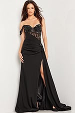 Model wearing Jovani 37094 black gown, front view
