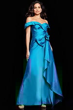 Model wearing Jovani 37098 blue gown showcasing an elegant front view with cascading ruffle.