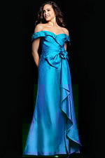 Model wearing Jovani 37098 gown with off-the-shoulder neckline and floral embellishment.