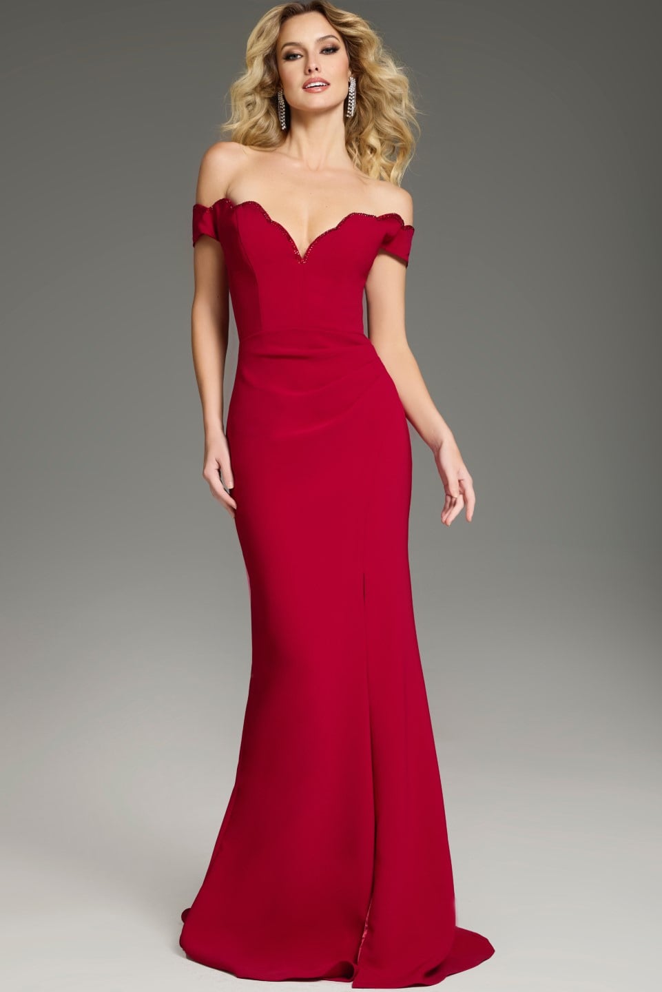 red off the shoulder dress formal A Line 2 Pieces Off Shoulder Red Prom Dress, 2 Pieces Red Off Shoulder  Formal Dresses main image 0