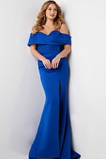 Front view of Jovani 37148 royal blue dress with stylish side slit.