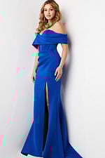 Jovani 37148 royal blue dress featuring off-the-shoulder neckline and eloquent side slit.