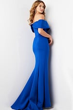 Back view of the Jovani 37148 royal blue dress with off-the-shoulder detail.