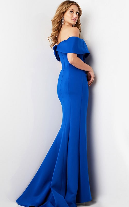 Back view of the Jovani 37148 royal blue dress with off-the-shoulder detail.