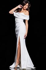 Model in Jovani 37148 white dress with elegant side slit and off-the-shoulder design.