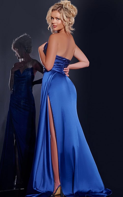 Model wearing Jovani 37150 royal blue dress back view