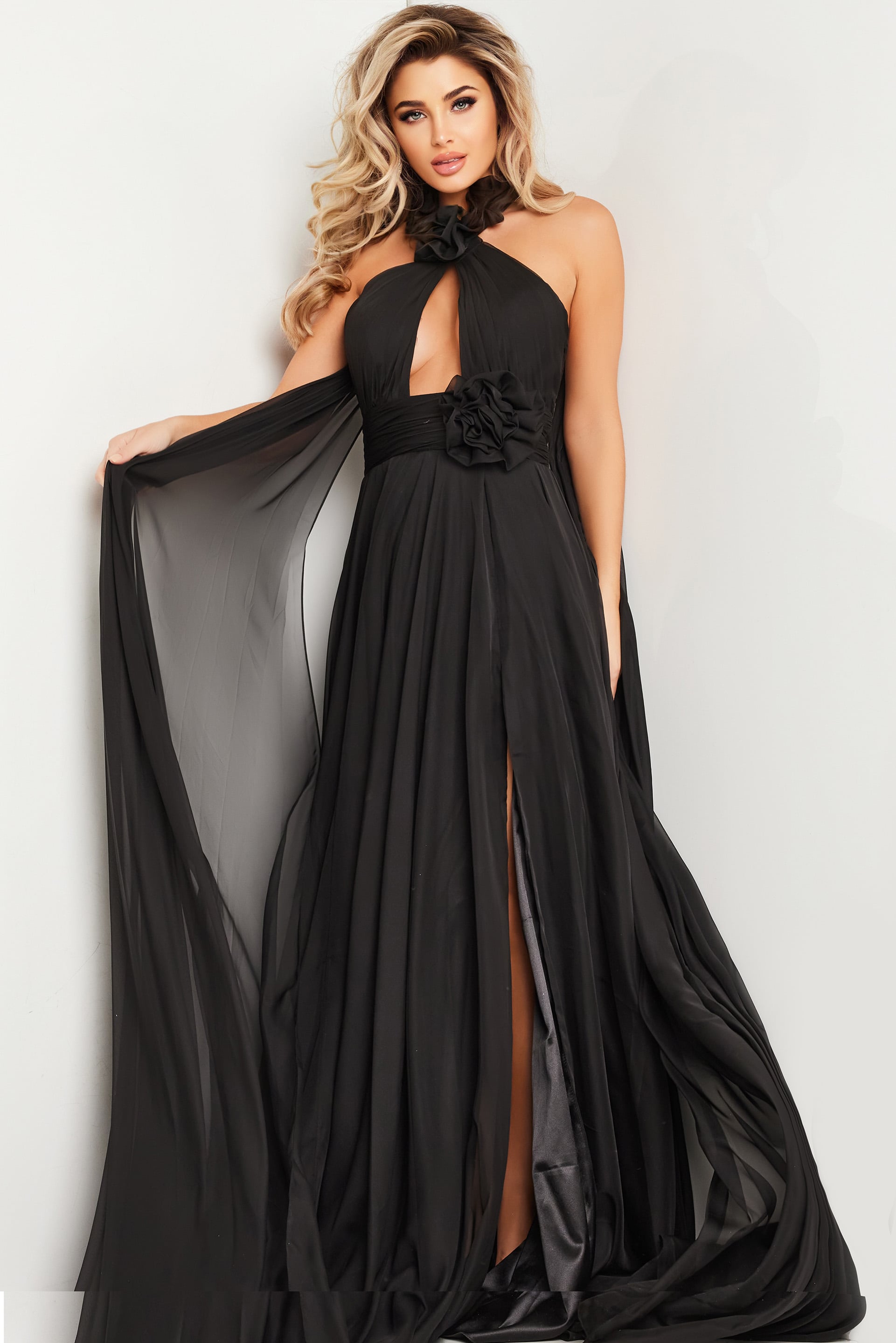 37166-1-black Model wearing Jovani 37166 elegant black gown with high neckline and high slit.