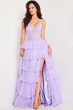 Full view of model in Jovani 37190 lilac gown with layered tulle skirt.