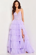 Model wearing Jovani 37190 lilac gown with V-neck and layered tulle.
